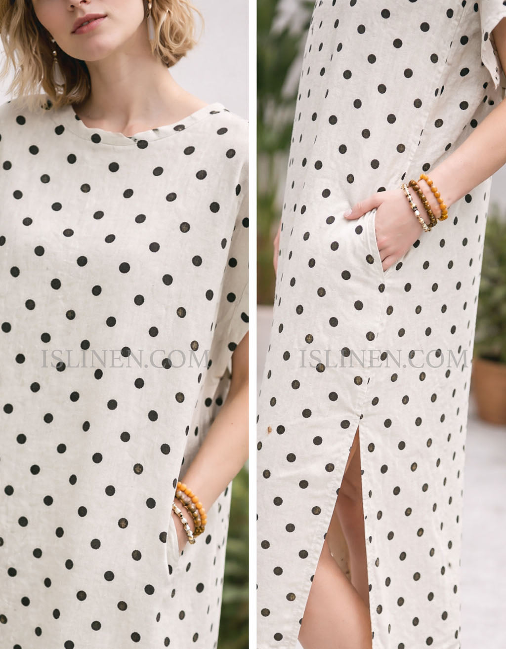 Close‑up of cream fabric with black polka dots and simple round neckline on midi dress.