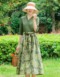 Retro-Inspired Floral Green V-Neck Cotton Linen Dress