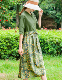 Retro-Inspired Floral Green V-Neck Cotton Linen Dress