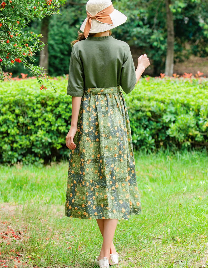Retro-Inspired Floral Green V-Neck Cotton Linen Dress