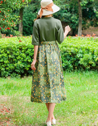 Retro-Inspired Floral Green V-Neck Cotton Linen Dress
