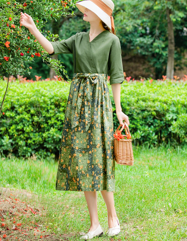 Retro-Inspired Floral Green V-Neck Cotton Linen Dress