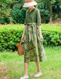 Retro-Inspired Floral Green V-Neck Cotton Linen Dress
