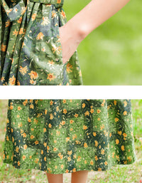 Retro-Inspired Floral Green V-Neck Cotton Linen Dress