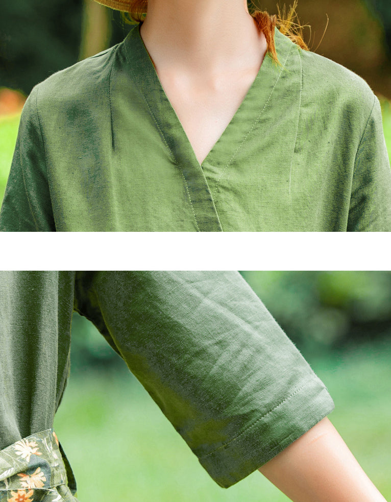 Retro-Inspired Floral Green V-Neck Cotton Linen Dress