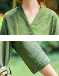 Retro-Inspired Floral Green V-Neck Cotton Linen Dress