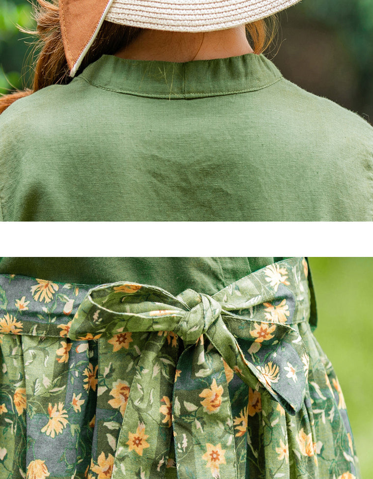 Retro-Inspired Floral Green V-Neck Cotton Linen Dress