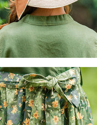 Retro-Inspired Floral Green V-Neck Cotton Linen Dress