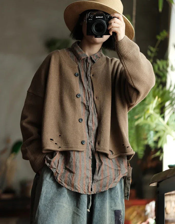Retro Casual Loose Distressed Sweater Cardigan Jacket - Islinen