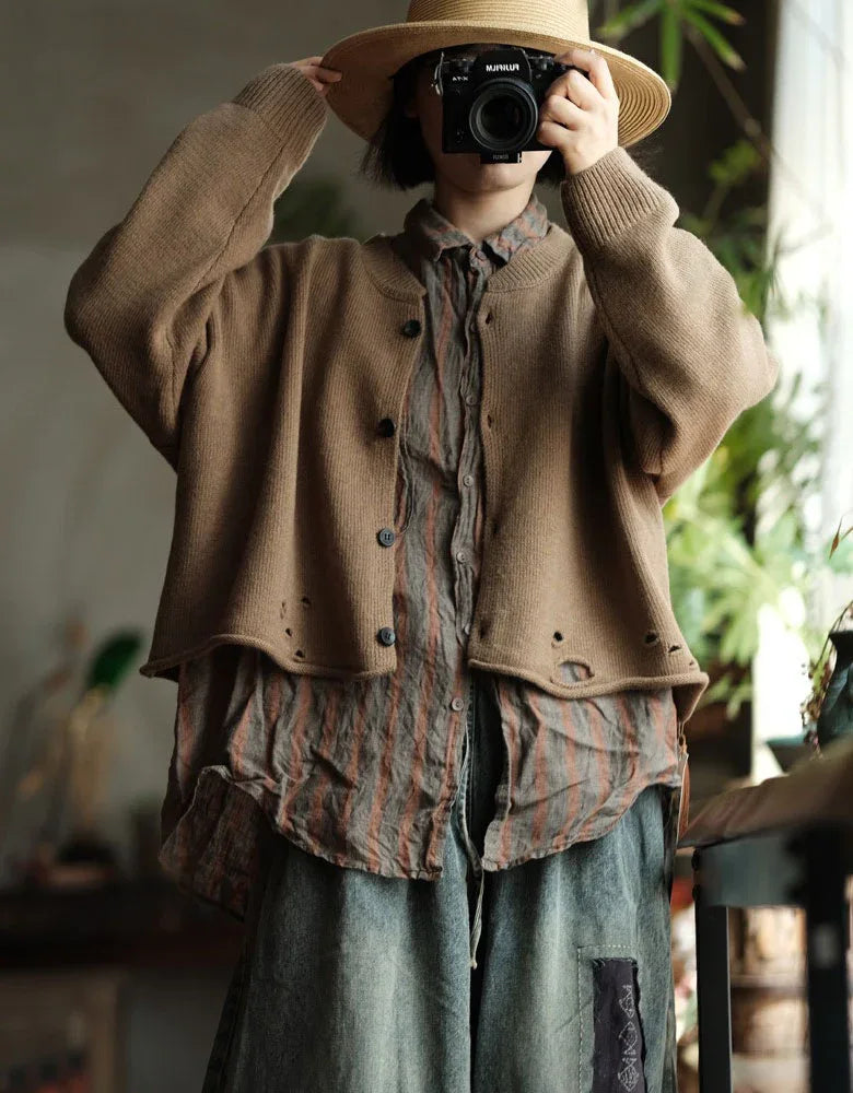Retro Casual Loose Distressed Sweater Cardigan Jacket - Islinen