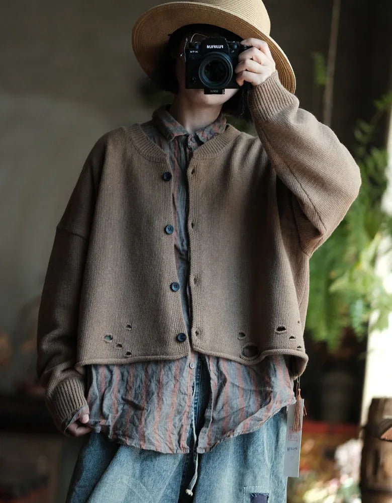 Retro Casual Loose Distressed Sweater Cardigan Jacket - Islinen