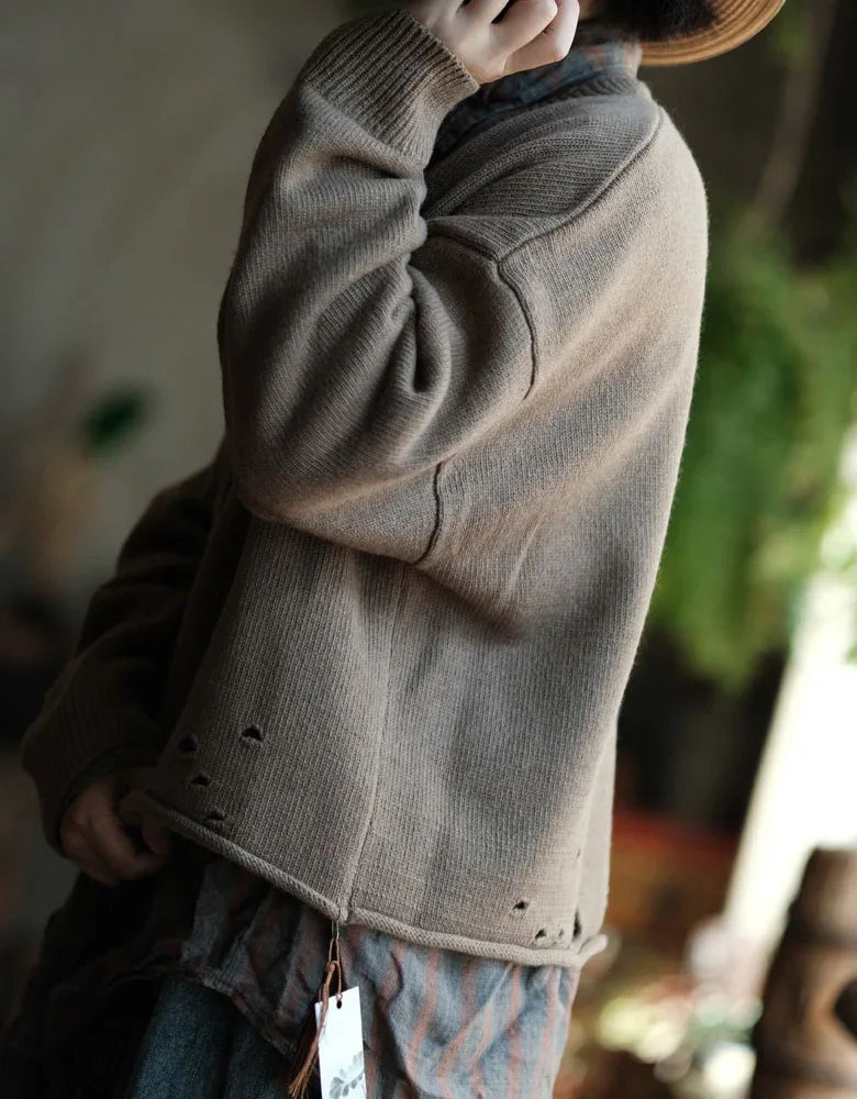 Retro Casual Loose Distressed Sweater Cardigan Jacket - Islinen
