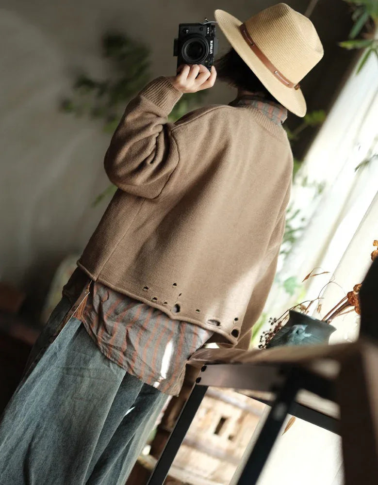 Retro Casual Loose Distressed Sweater Cardigan Jacket - Islinen