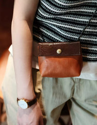 Vintage green and brown genuine leather mini crossbody wallet bag for women with snap flap closure