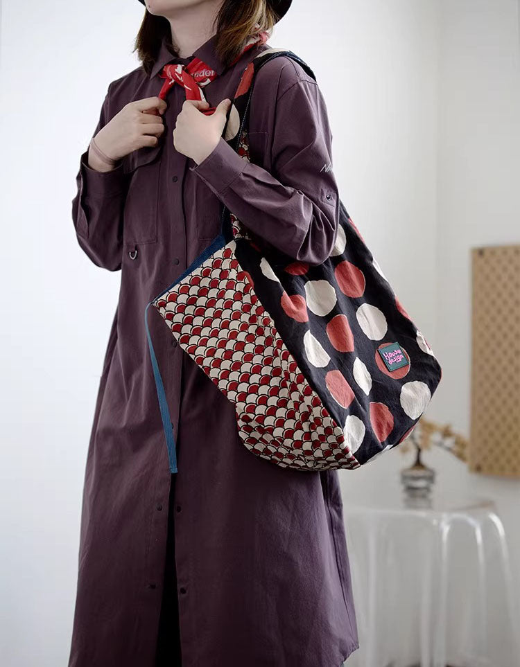 Boho Patchwork Canvas Tote Bag Large Everyday Shopping Shoulder Bag