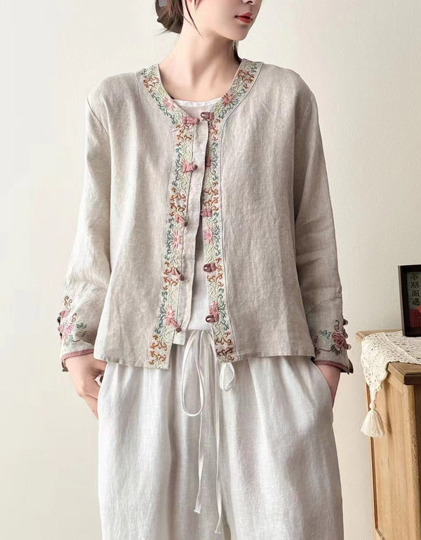 Retro Embroidered Casual Linen Hanfu Shirt