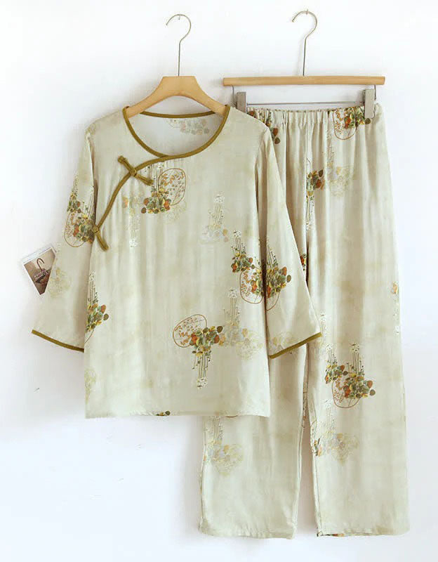 Retro Floral Bamboo Fiber Loose Pajama Set