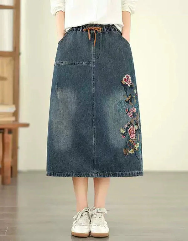 Retro Floral Embroidery Casual Denim Skirt - Islinen