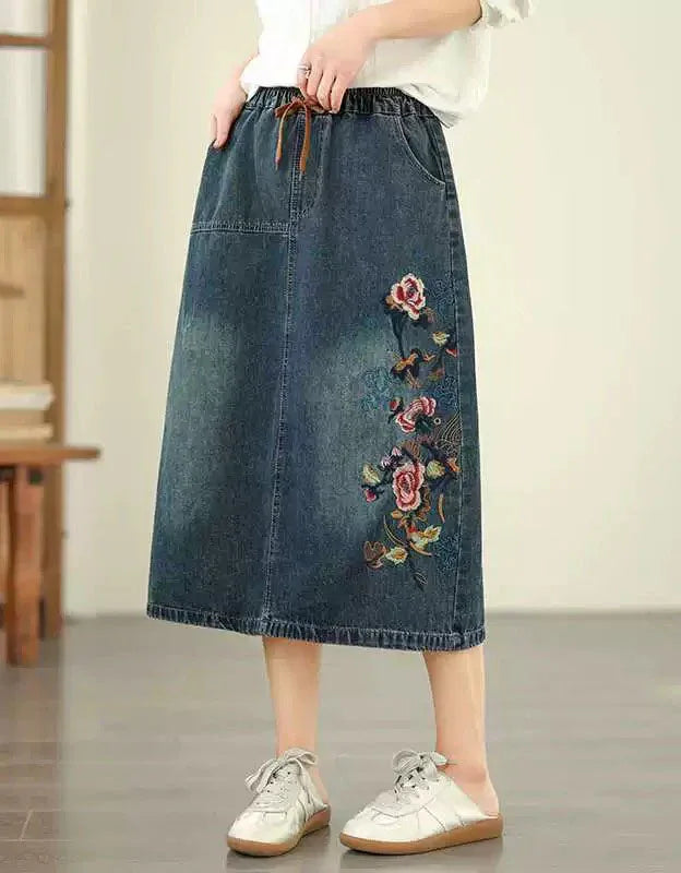 Retro Floral Embroidery Casual Denim Skirt - Islinen