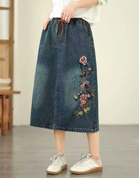 Retro Floral Embroidery Casual Denim Skirt - Islinen