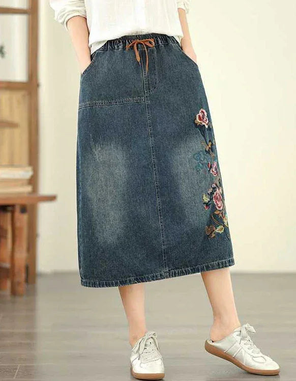 Retro Floral Embroidery Casual Denim Skirt - Islinen