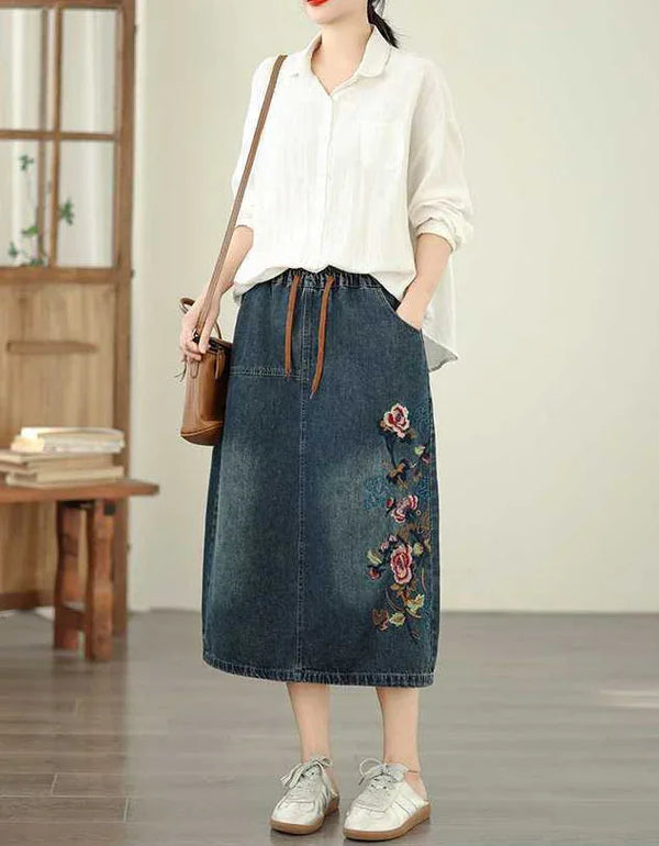 Retro Floral Embroidery Casual Denim Skirt - Islinen