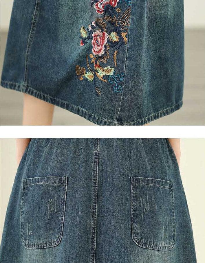 Retro Floral Embroidery Casual Denim Skirt - Islinen