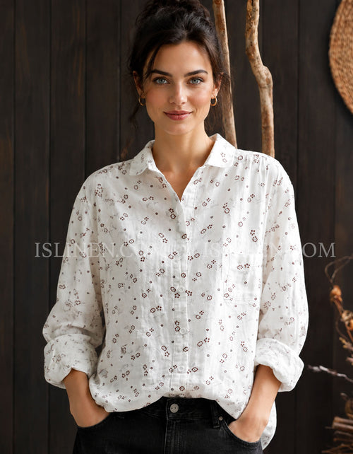 Women Vintage Floral Eyelet Embroidery Cotton Shirt