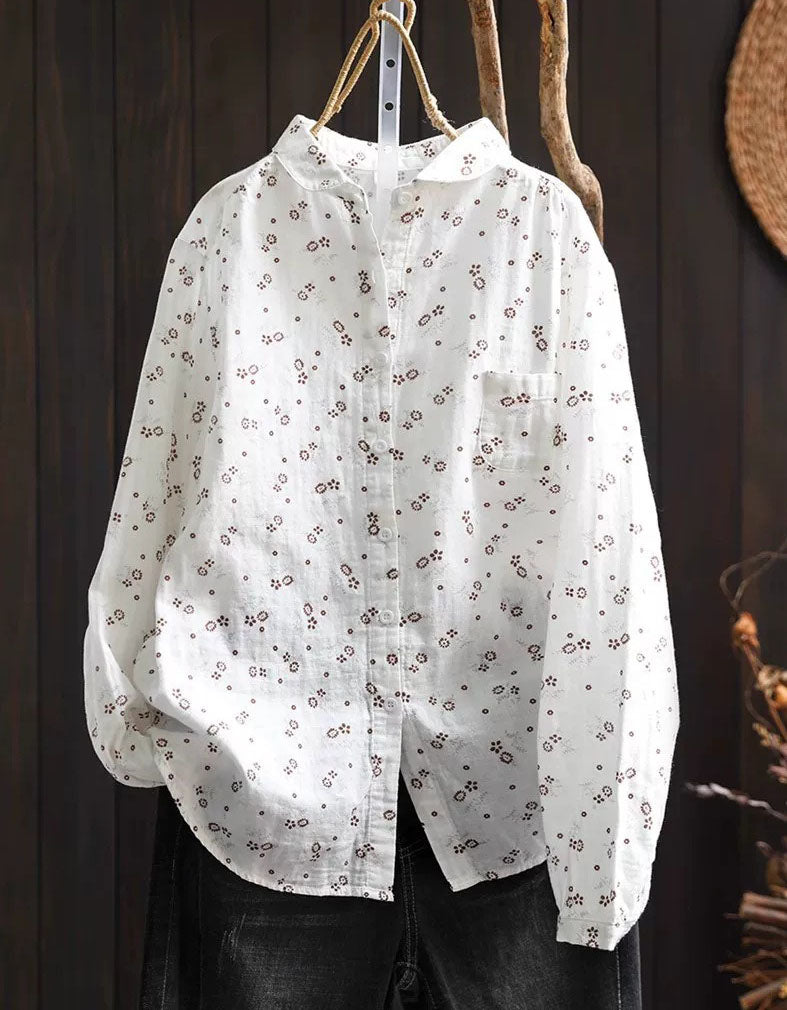 Retro Floral Eyelet Embroidery Cotton Button Down Shirt