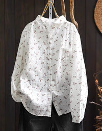 Retro Floral Eyelet Embroidery Cotton Button Down Shirt