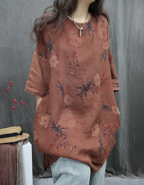 Retro Floral Oversized Linen Tunic shirt