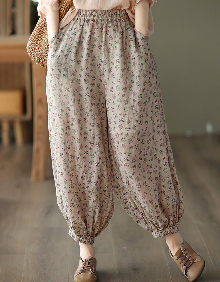 Retro Floral Cotton Linen Baggy Harem Trousers