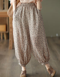 Retro Floral Cotton Linen Baggy Harem Trousers