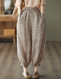 Retro Floral Cotton Linen Baggy Harem Trousers