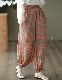 Retro Floral Cotton Linen Baggy Harem Trousers