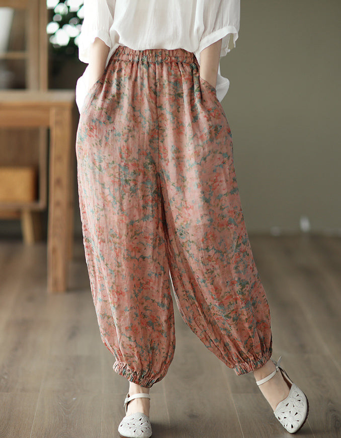 Retro Floral Cotton Linen Baggy Harem Trousers