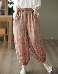 Retro Floral Cotton Linen Baggy Harem Trousers