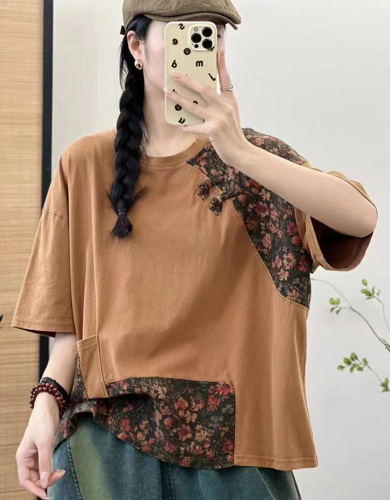Retro Floral Print Cotton Linen T-Shirt