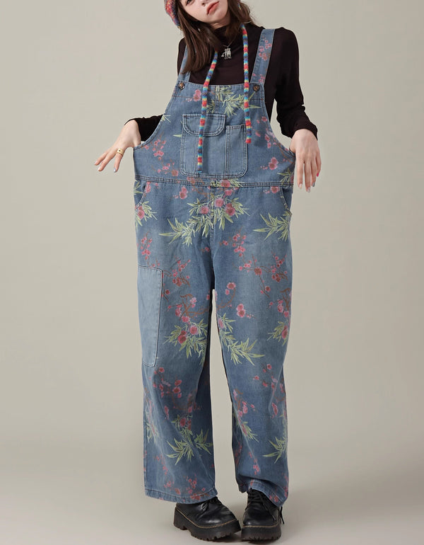 Retro Floral Wide Leg Casual Denim Jumpsuit