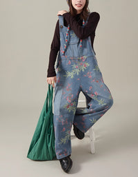 Retro Floral Wide Leg Casual Denim Jumpsuit