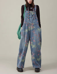 Retro Floral Wide Leg Casual Denim Jumpsuit