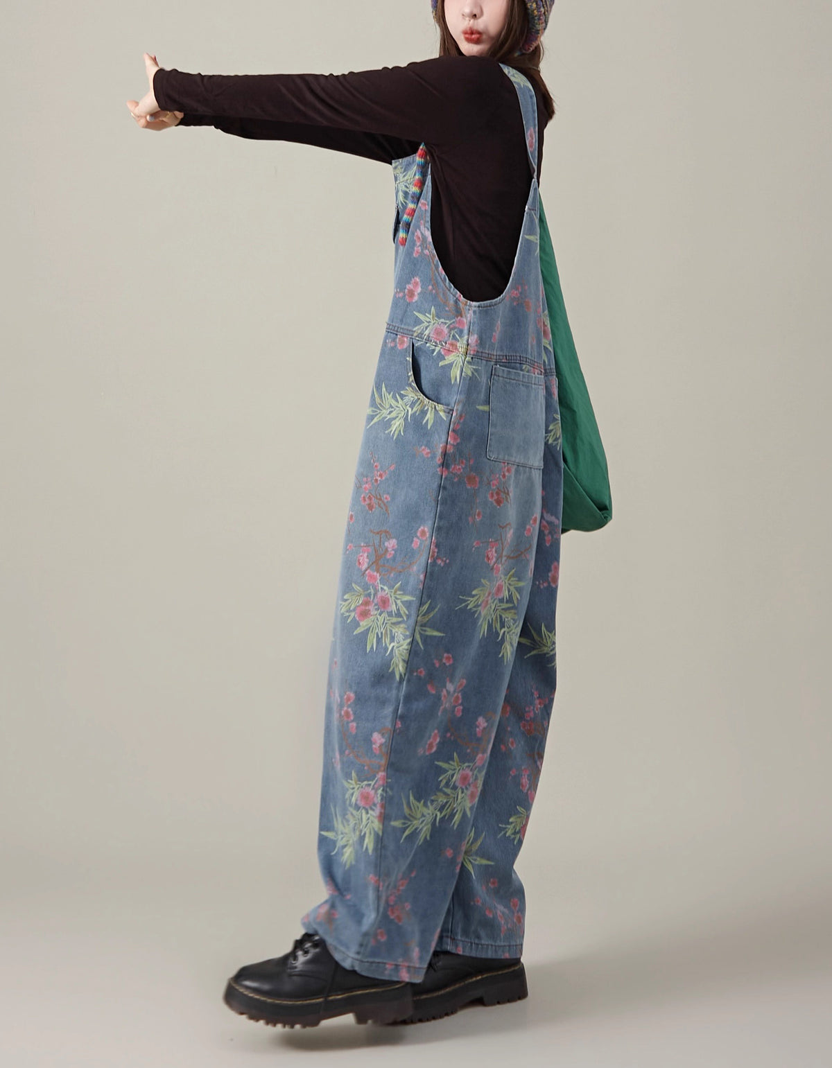 Retro Floral Wide Leg Casual Denim Jumpsuit