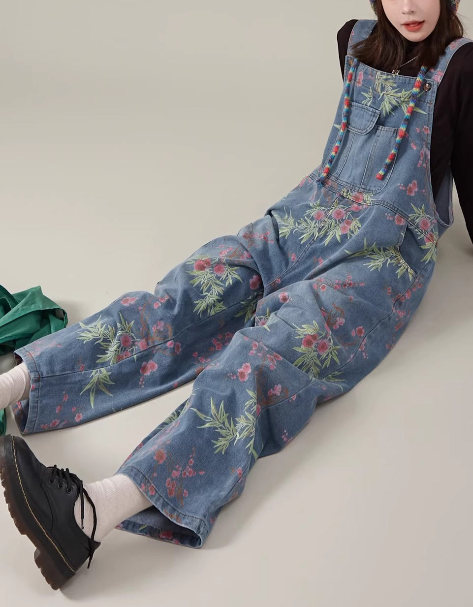 Retro Floral Wide Leg Casual Denim Jumpsuit
