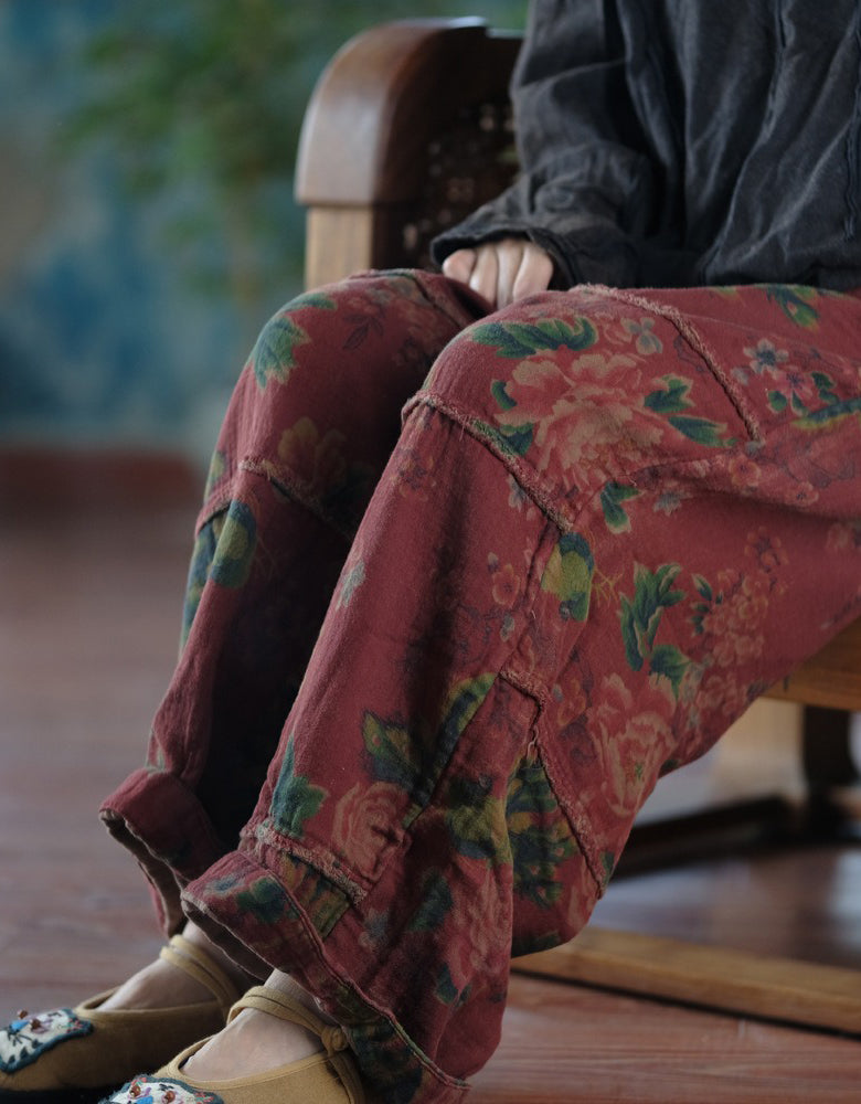 Retro Flower Print Casual Loose Wide Leg Pants Red