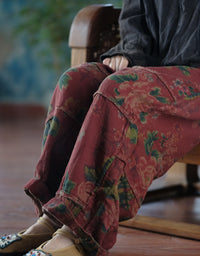 Retro Flower Print Casual Loose Wide Leg Pants Red