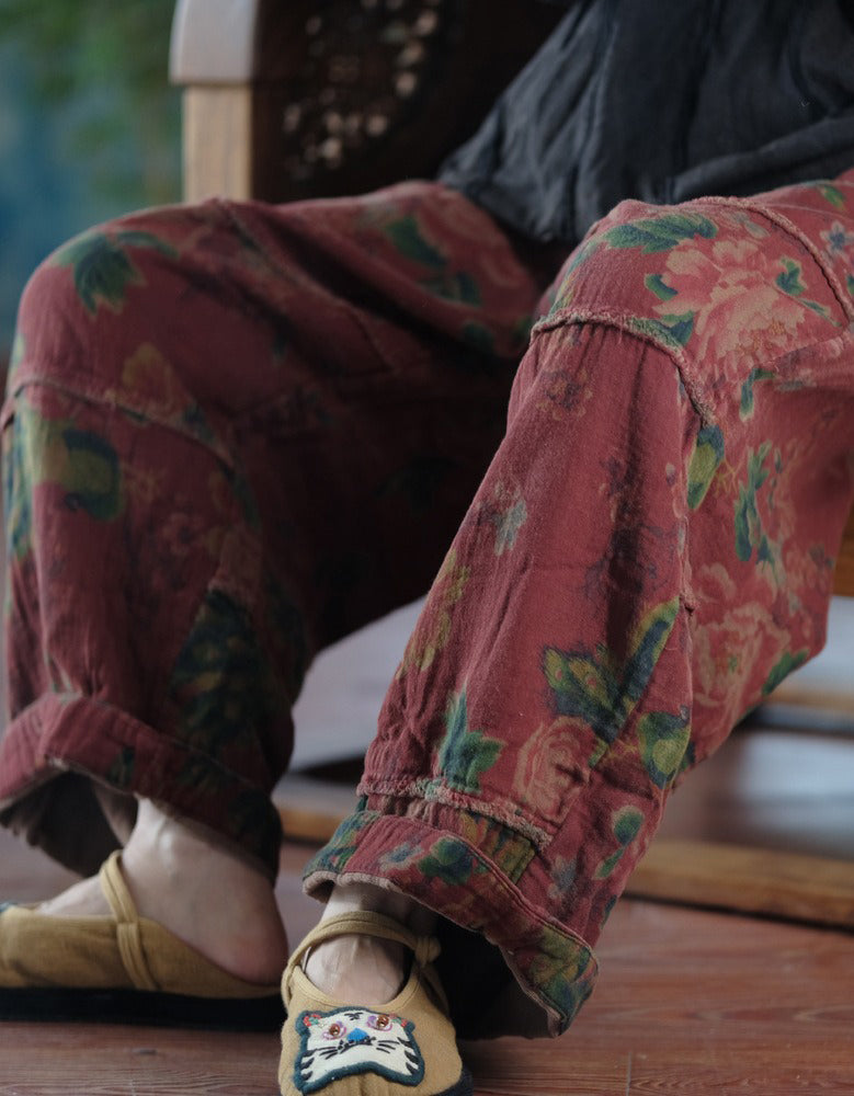 Retro Flower Print Casual Loose Wide Leg Pants Red