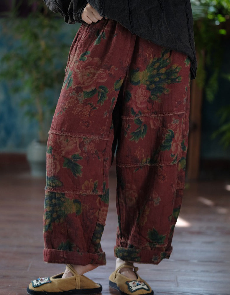 Retro Flower Print Casual Loose Wide Leg Pants Red