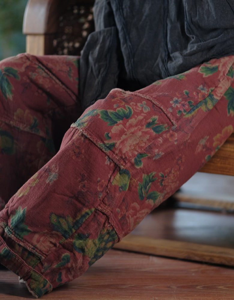 Retro Flower Print Casual Loose Wide Leg Pants Red