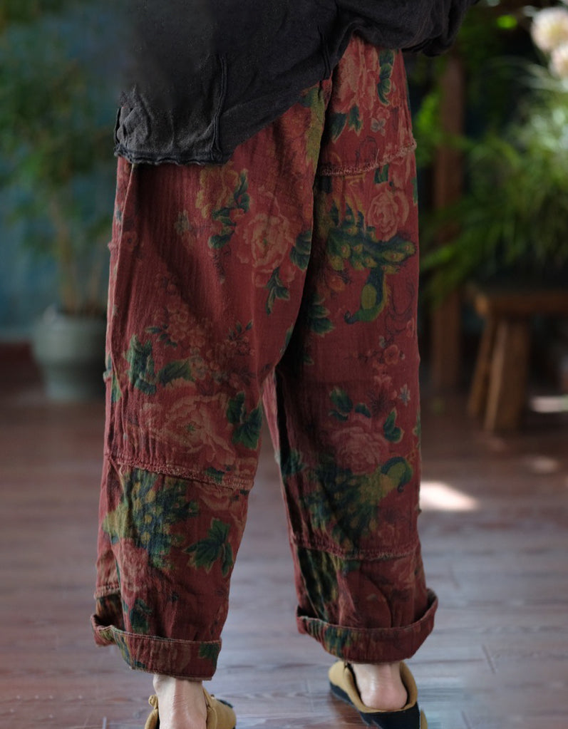 Retro Flower Print Casual Loose Wide Leg Pants Red