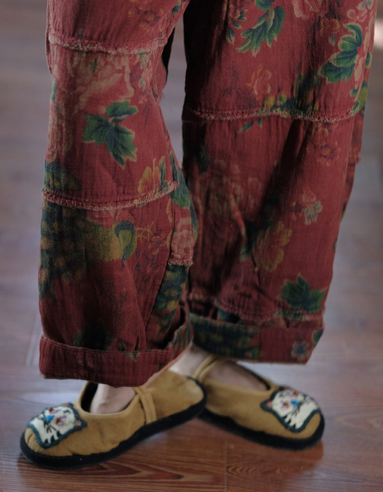 Retro Flower Print Casual Loose Wide Leg Pants Red